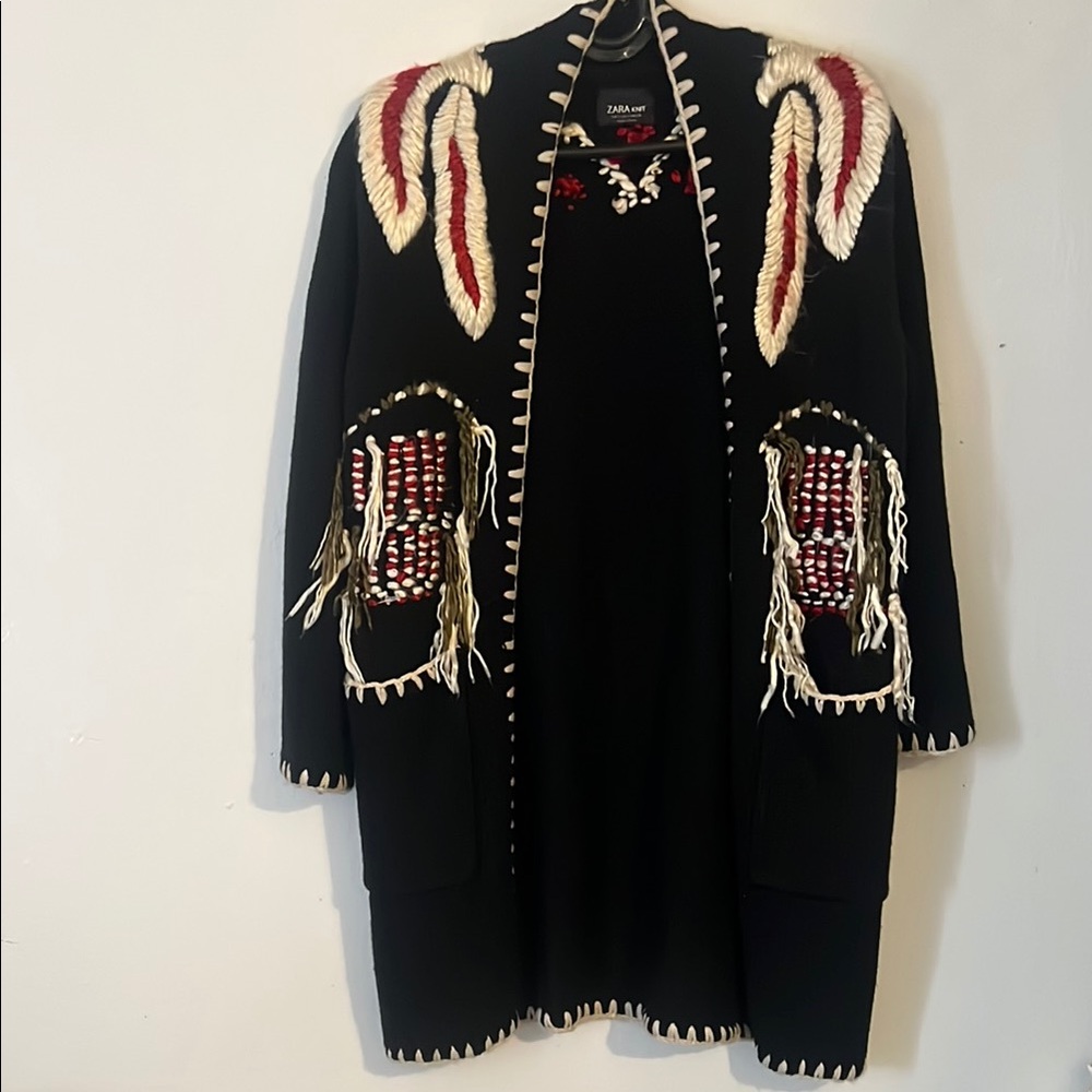 Zara Black Coatigan with Cream and Red Embroidery